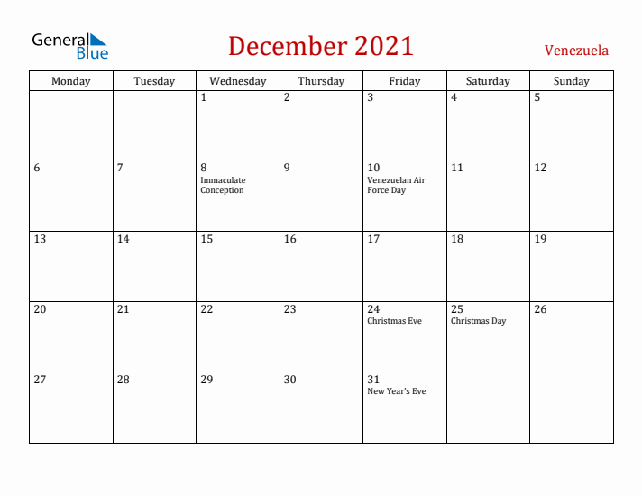 Venezuela December 2021 Calendar - Monday Start
