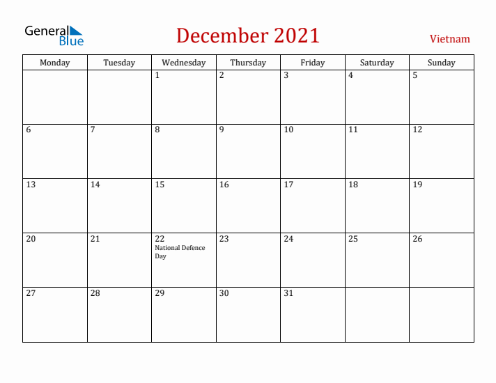 Vietnam December 2021 Calendar - Monday Start