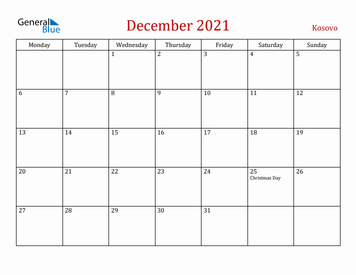 Kosovo December 2021 Calendar - Monday Start