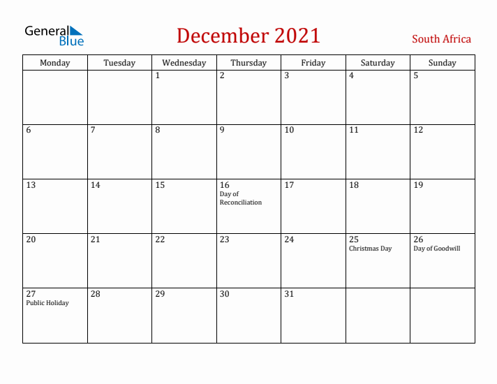 South Africa December 2021 Calendar - Monday Start