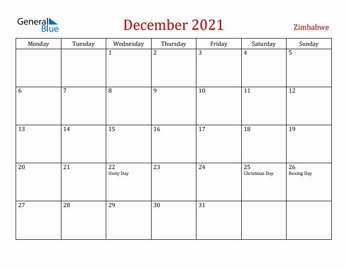 Zimbabwe December 2021 Calendar - Monday Start