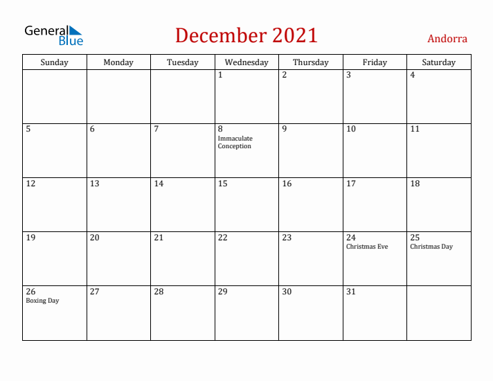 Andorra December 2021 Calendar - Sunday Start