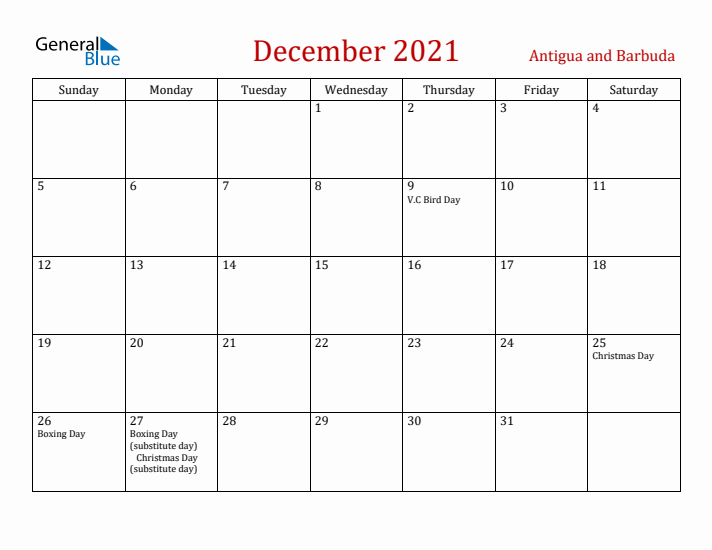 Antigua and Barbuda December 2021 Calendar - Sunday Start