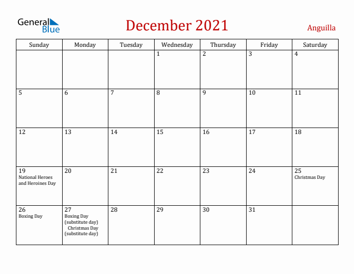 Anguilla December 2021 Calendar - Sunday Start