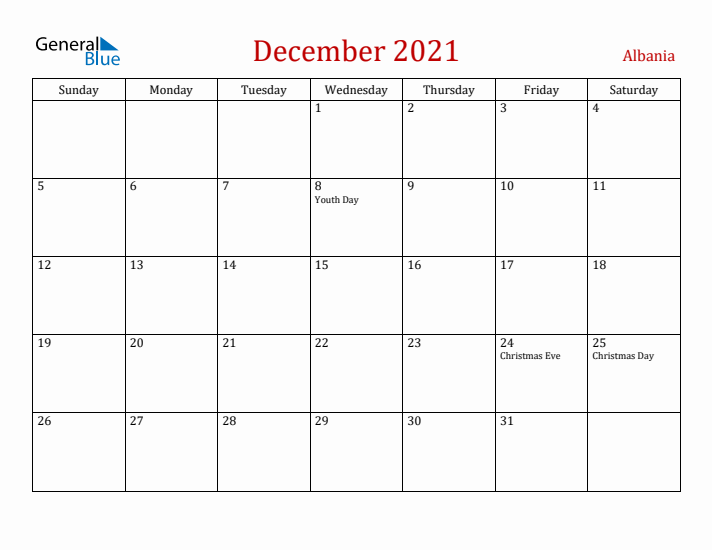 Albania December 2021 Calendar - Sunday Start