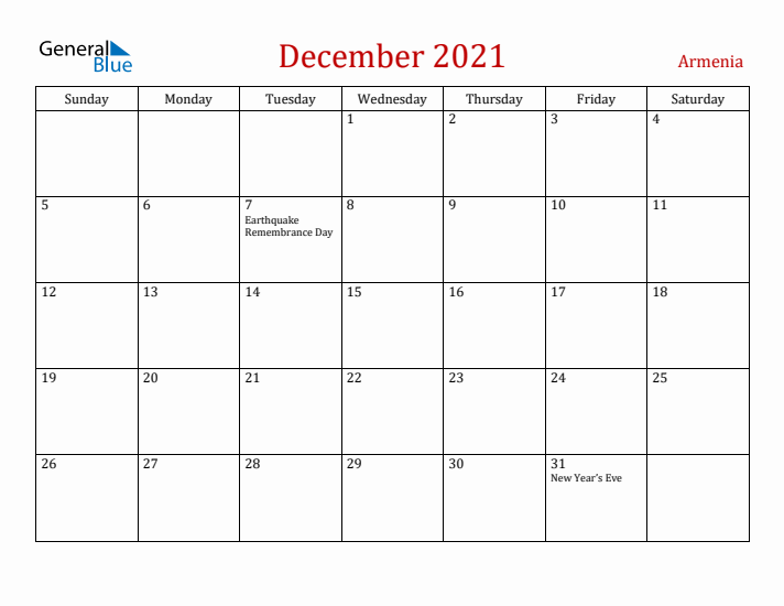 Armenia December 2021 Calendar - Sunday Start