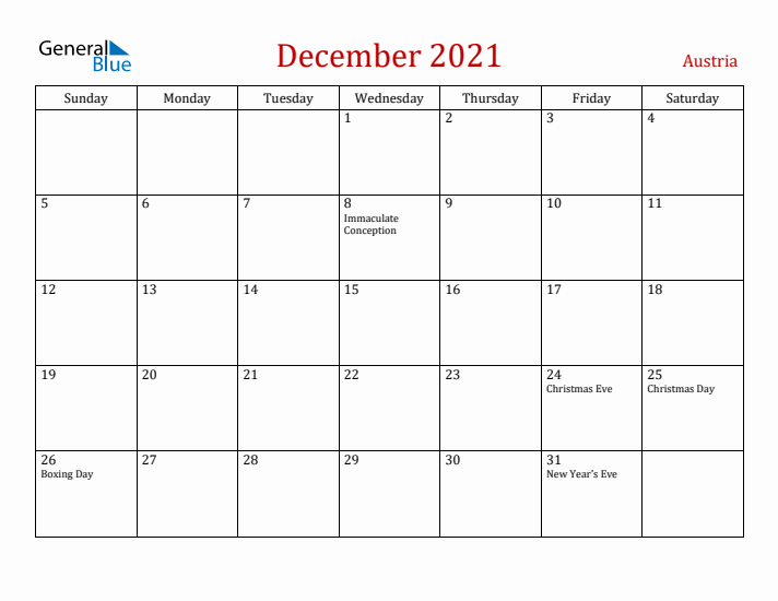 Austria December 2021 Calendar - Sunday Start