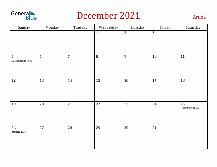 Aruba December 2021 Calendar - Sunday Start