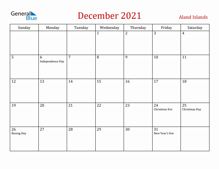 Aland Islands December 2021 Calendar - Sunday Start