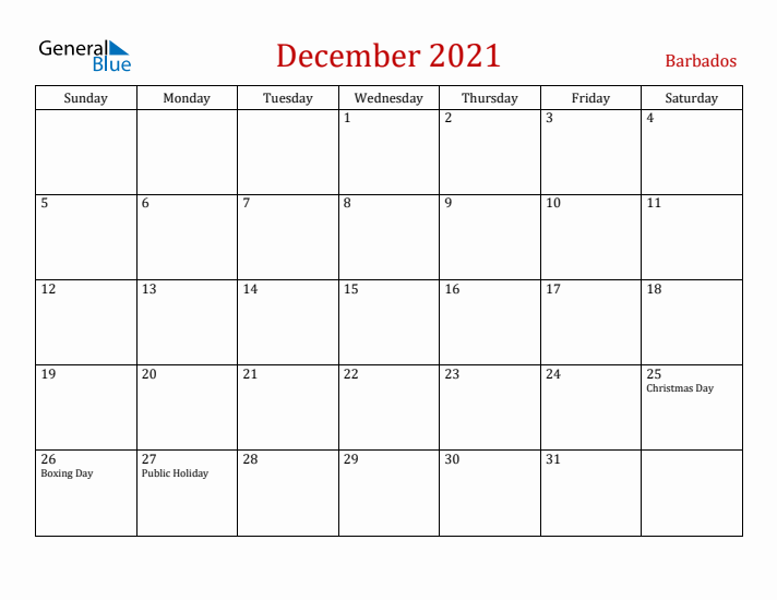 Barbados December 2021 Calendar - Sunday Start