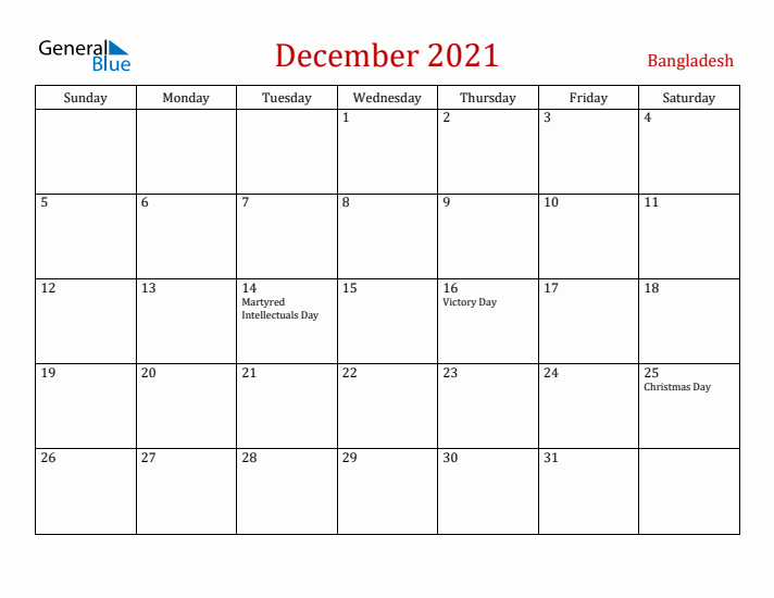 Bangladesh December 2021 Calendar - Sunday Start