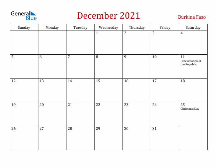 Burkina Faso December 2021 Calendar - Sunday Start