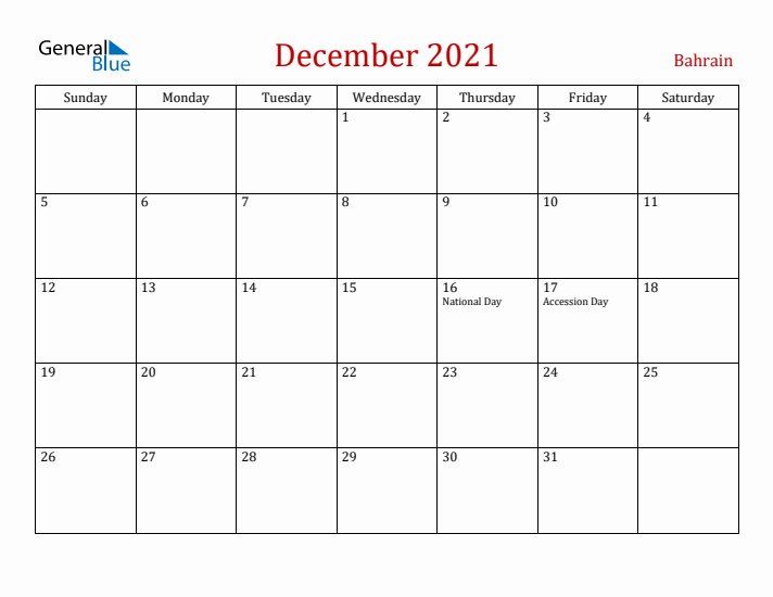 Bahrain December 2021 Calendar - Sunday Start