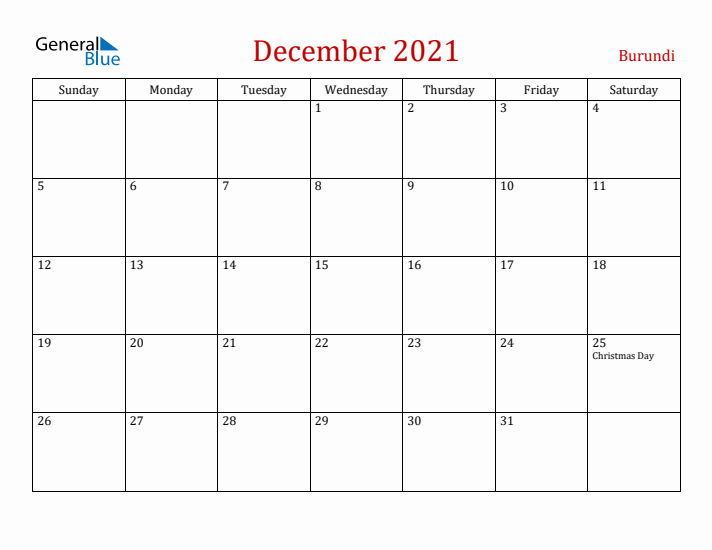 Burundi December 2021 Calendar - Sunday Start