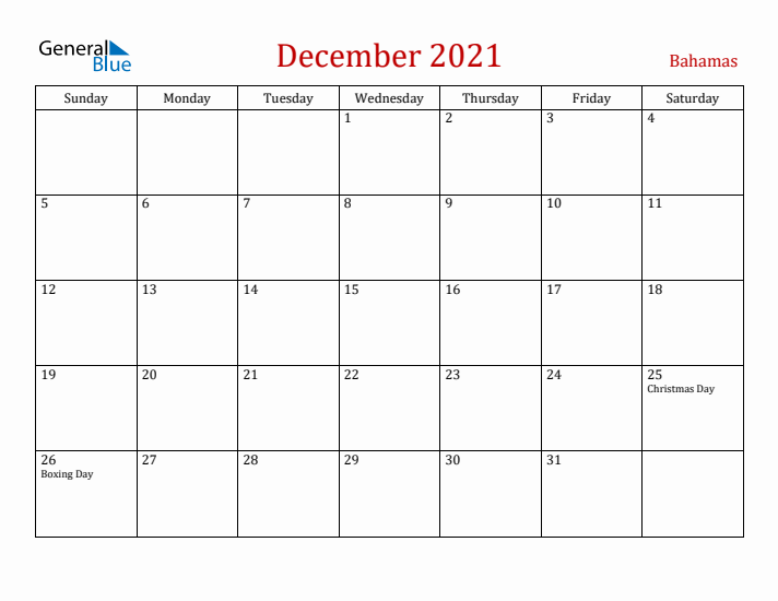 Bahamas December 2021 Calendar - Sunday Start