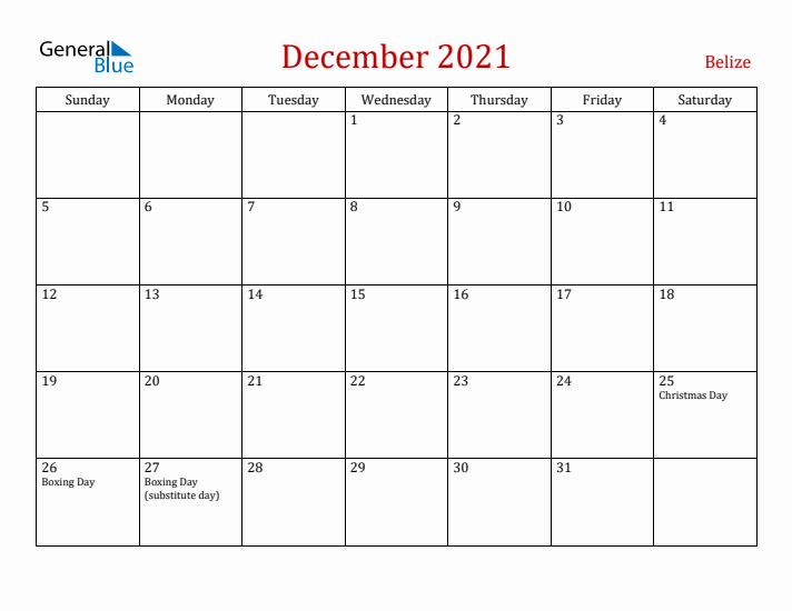 Belize December 2021 Calendar - Sunday Start