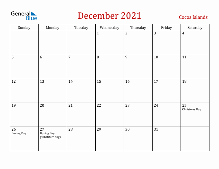 Cocos Islands December 2021 Calendar - Sunday Start