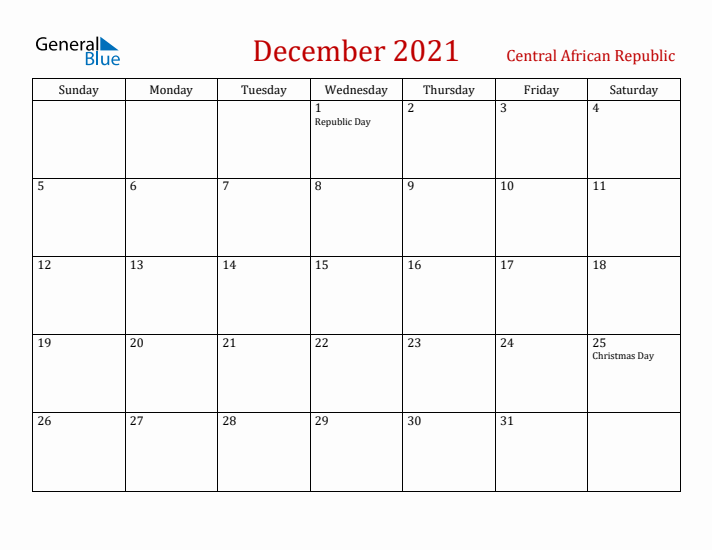 Central African Republic December 2021 Calendar - Sunday Start