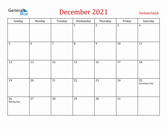 Switzerland December 2021 Calendar - Sunday Start