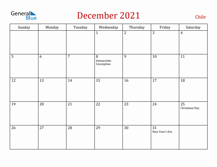 Chile December 2021 Calendar - Sunday Start