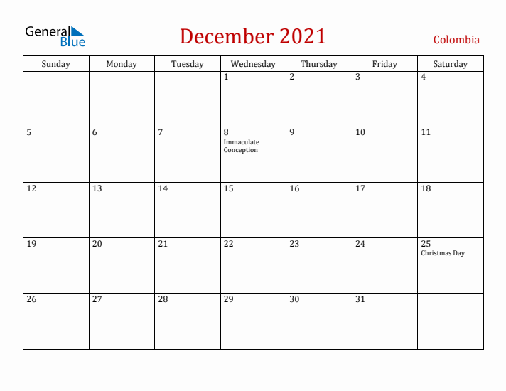 Colombia December 2021 Calendar - Sunday Start