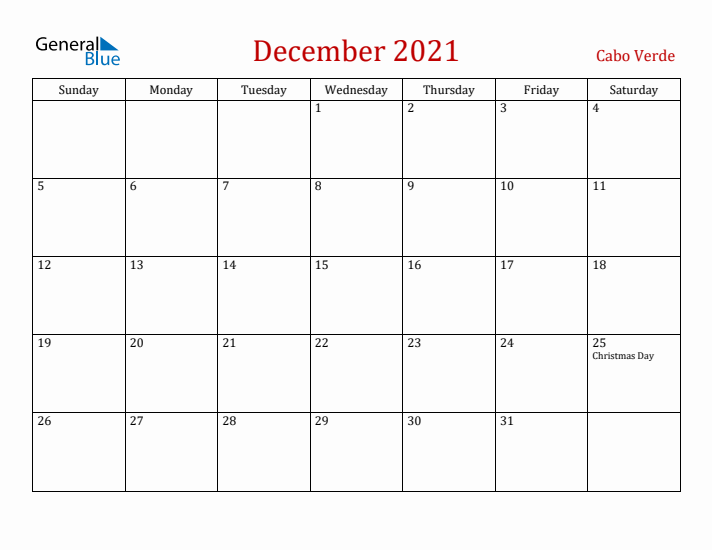 Cabo Verde December 2021 Calendar - Sunday Start