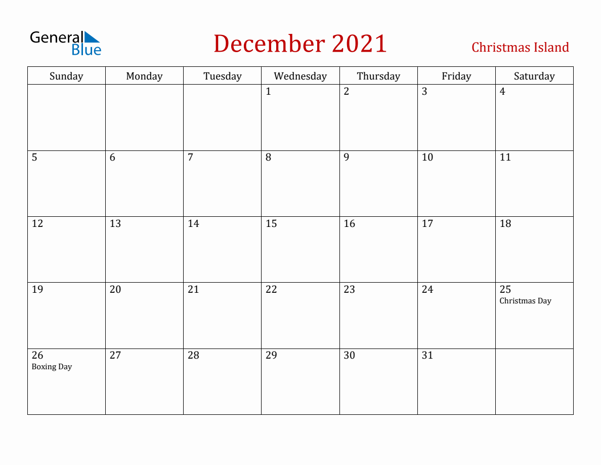 December 2021 Christmas Island Monthly Calendar with Holidays