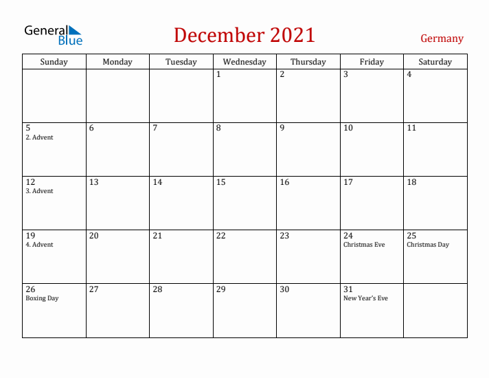 Germany December 2021 Calendar - Sunday Start