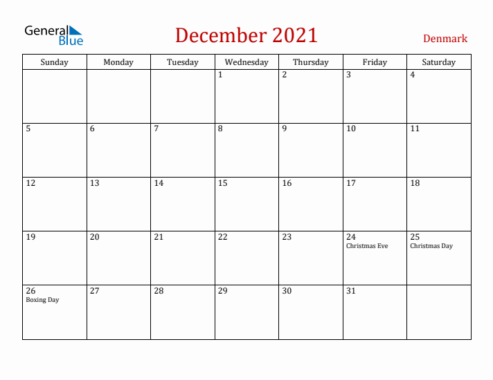 Denmark December 2021 Calendar - Sunday Start