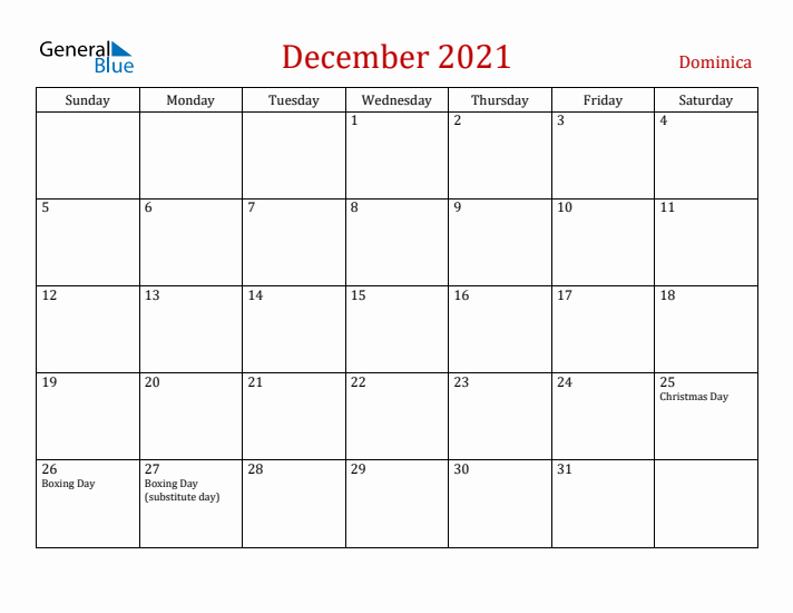 Dominica December 2021 Calendar - Sunday Start