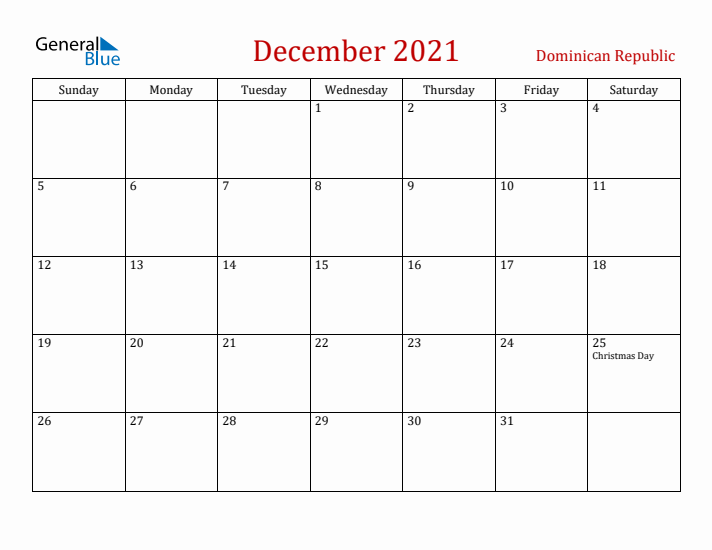 Dominican Republic December 2021 Calendar - Sunday Start