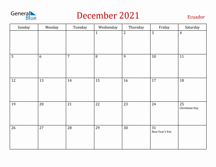 Ecuador December 2021 Calendar - Sunday Start
