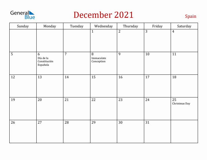 Spain December 2021 Calendar - Sunday Start