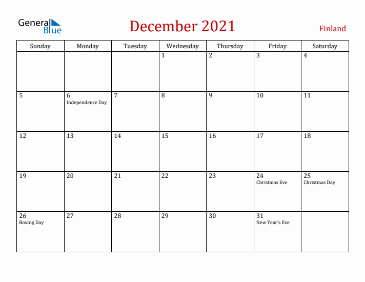 Finland December 2021 Calendar - Sunday Start