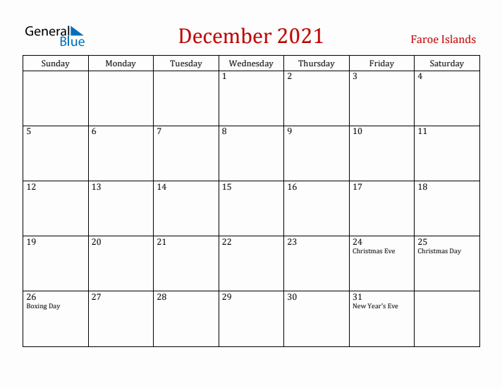 Faroe Islands December 2021 Calendar - Sunday Start