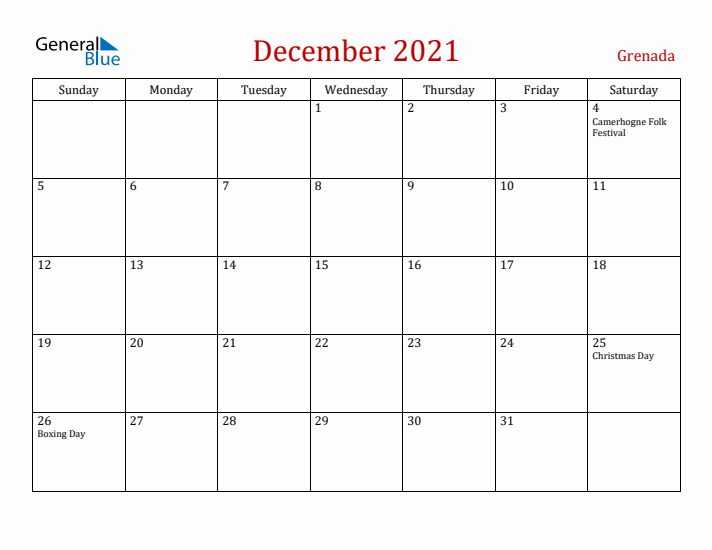 Grenada December 2021 Calendar - Sunday Start