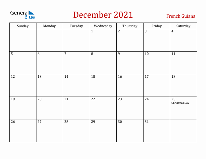 French Guiana December 2021 Calendar - Sunday Start
