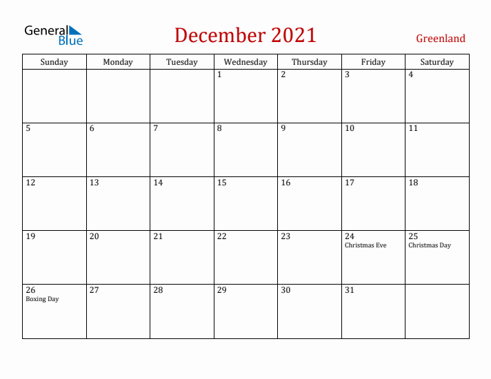 Greenland December 2021 Calendar - Sunday Start