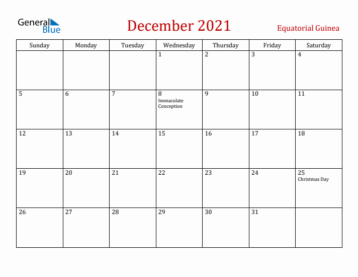 Equatorial Guinea December 2021 Calendar - Sunday Start