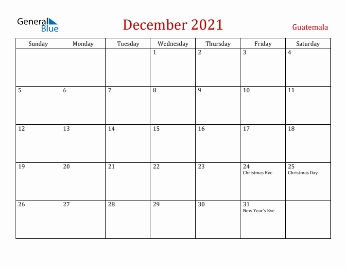 Guatemala December 2021 Calendar - Sunday Start