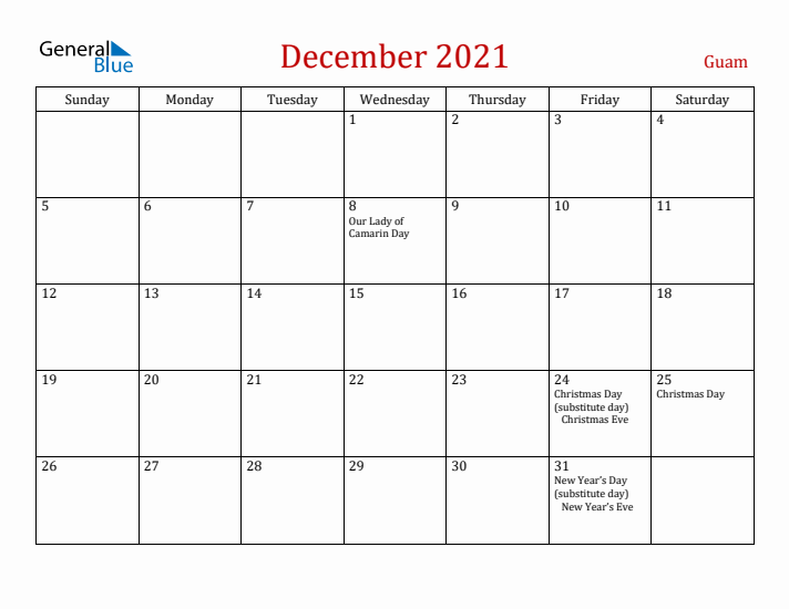 Guam December 2021 Calendar - Sunday Start