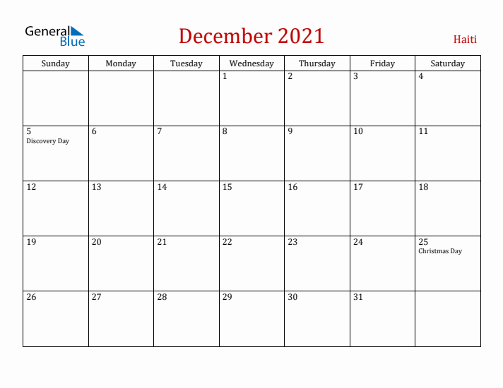 Haiti December 2021 Calendar - Sunday Start