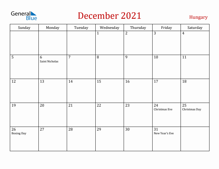 Hungary December 2021 Calendar - Sunday Start