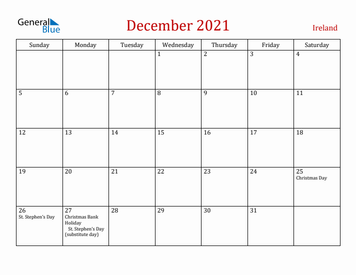 Ireland December 2021 Calendar - Sunday Start