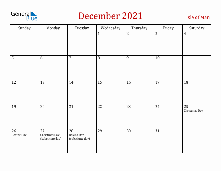 Isle of Man December 2021 Calendar - Sunday Start