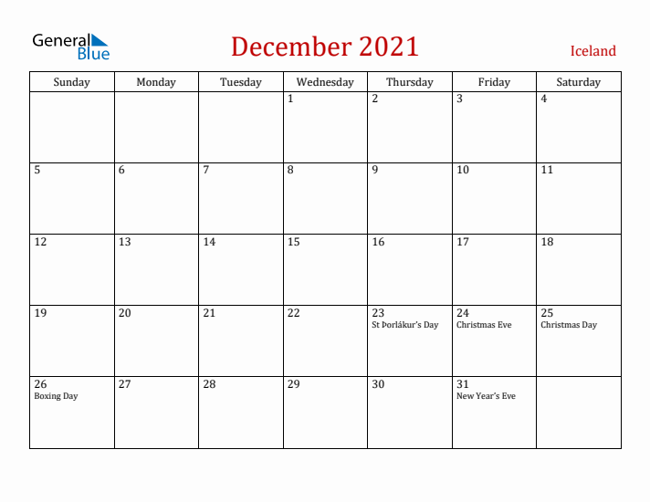 Iceland December 2021 Calendar - Sunday Start