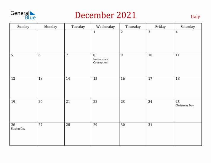 Italy December 2021 Calendar - Sunday Start