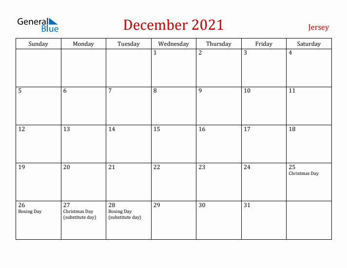 Jersey December 2021 Calendar - Sunday Start
