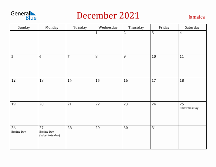 Jamaica December 2021 Calendar - Sunday Start