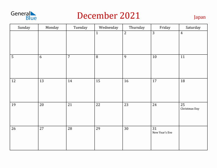 Japan December 2021 Calendar - Sunday Start